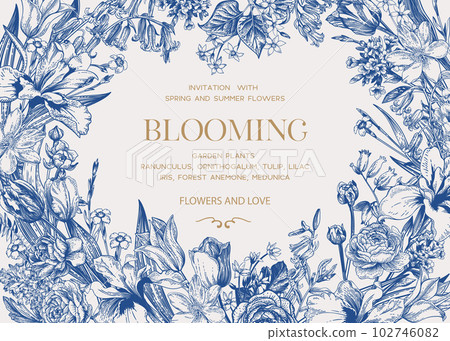 Vector illustration with garden flowers. Floral frame. Blue. Vector illustration with garden flowers. Floral frame. Blue. 102746082