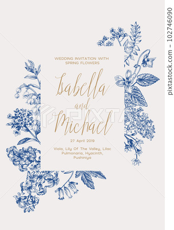 Floral frame. Wedding invitation card with summer and spring flowers. Blue. Line art. Floral frame. Wedding invitation card with summer and spring flowers. Blue. Line art. 102746090