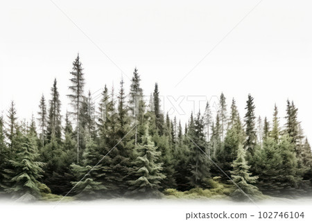 A calm winter forest with a row of snow-covered trees on a white background is AI Generative. A calm winter forest with a row of snow-covered trees on a white background is AI Generative. 102746104