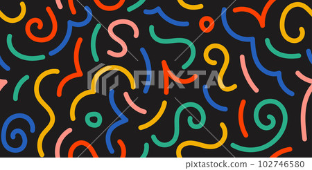 Colorful doodle seamless pattern. Abstract squiggle repeating background. Simple scribbles and shapes wallpaper. Textile or fabric print design swatch. Vector backdrop. 102746580