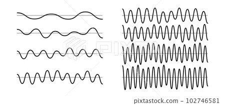 Sinusoid signals set. Black curve sound waves with different frequency and amplitude. Voice or music audio concept. Pulsating lines. Electronic radio graphics collection. Vector templates bundle 102746581
