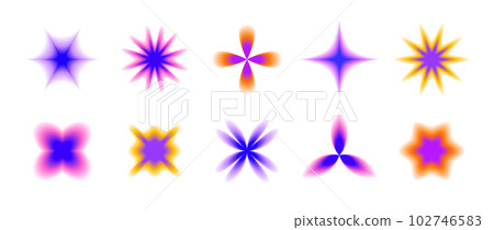Y2k blurred gradient flowers and stars set. Blurry flower aura collection. Colorful abstract trendy elements for logo, templates, badges, stickers, collages. Vector pack  102746583