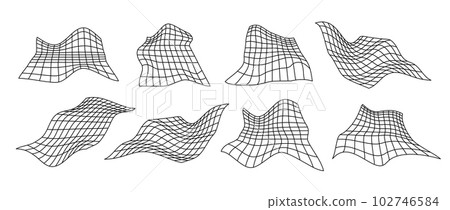 Distorted perspective grid pack. Glitch rectangle plane set. Wavy futuristic elements bundle. Ripple wireframes net collection. Vector abstract background.  102746584