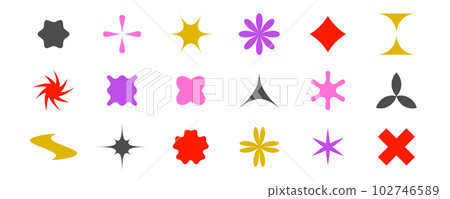 Abstract stars, flowers, waves, crosses shapes collection. Primitive geometric forms set in Swiss, bauhaus or Memphis style. Brutalist elements pack for poster, banner, collage. Vector signs bundle.  102746589