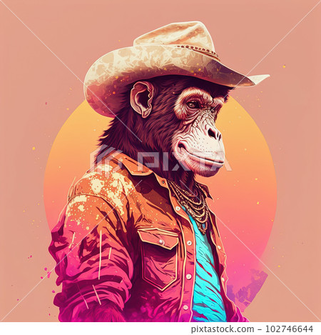 Cowboy monkey in stylish hat and jacket. Pop art style in neon colors, lifestyle concept. Generative AI 102746644