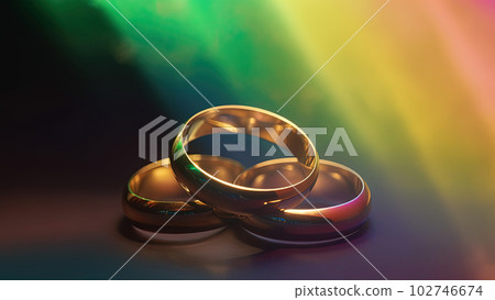 Three gold wedding rings with neon rainbow light background, polygamy concept. Generative AI Three gold wedding rings with neon rainbow light background, polygamy concept. Generative AI 102746674