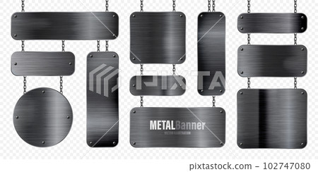 Metal banners hanging on a chain. Realistic shiny steel plate with screws. Polished black metal surface. Vector illustration 102747080