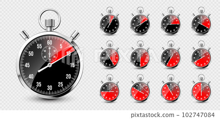 Realistic classic stopwatch. Shiny metal chronometer, time counter with dial. Red countdown timer showing minutes and seconds. Time measurement for sport, start and finish. Vector illustration Realistic classic stopwatch. Shiny metal chronometer, time counter with dial. Red countdown timer showing minutes and seconds. Time measurement for sport, start and finish. Vector illustration 102747084