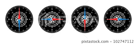 Marine compass, nautical wind rose with cardinal directions of North, East, South, West and degree markings. Geographical position and orientation, cartography and navigation. Vector illustration 102747112
