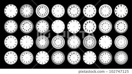 Mechanical clock faces, watch dial with numerals, bezel. Timer or stopwatch element with minute, hour marks and numbers. Blank measuring circle scale with divisions. Vector illustration Mechanical clock faces, watch dial with numerals, bezel. Timer or stopwatch element with minute, hour marks and numbers. Blank measuring circle scale with divisions. Vector illustration 102747125