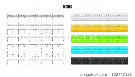 Realistic plastic rulers with black inch scale for measuring length or height. Various measurement scales with divisions. Ruler, tape measure marks, size indicators. Vector illustration 102747126