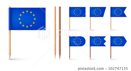 Realistic various European toothpick flags. Souvenir from Europe. Wooden toothpicks with paper flag. Location mark, map pointer. Blank mockup for advertising and promotions. Vector illustration Realistic various European toothpick flags. Souvenir from Europe. Wooden toothpicks with paper flag. Location mark, map pointer. Blank mockup for advertising and promotions. Vector illustration 102747135