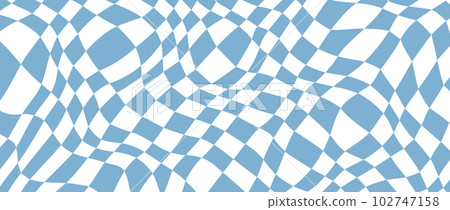 Retro distorted checkerboard background. Blue trippy psychedelic checkered wallpaper. Wavy pool surface. Abstract twisted groovy geometric pattern. Vector backdrop Retro distorted checkerboard background. Blue trippy psychedelic checkered wallpaper. Wavy pool surface. Abstract twisted groovy geometric pattern. Vector backdrop 102747158