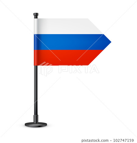 Realistic Russian table flag on a black steel pole. Souvenir from Russia. Desk flag made of paper or fabric and shiny metal stand. Mockup for promotion and advertising. Vector illustration Realistic Russian table flag on a black steel pole. Souvenir from Russia. Desk flag made of paper or fabric and shiny metal stand. Mockup for promotion and advertising. Vector illustration 102747159