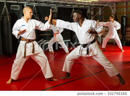 Men fighting during group karate training in gym Men fighting during group karate training in gym 102748168