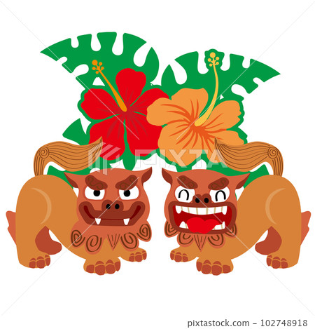 兩個流行風獅爺、芙蓉和龜背竹的插圖 夏天、度假勝地和沖繩縣的形象 102748918