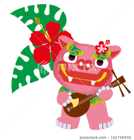 風獅爺和芙蓉演奏流行三線的插圖 夏天、度假勝地和沖繩縣的形象 風獅爺和芙蓉演奏流行三線的插圖 夏天、度假勝地和沖繩縣的形象 102748930