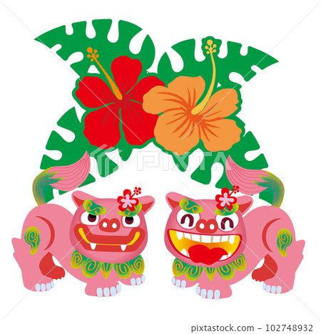 兩個流行的 shisa 和芙蓉的插圖 夏天、度假勝地和沖繩縣的形象 兩個流行的 shisa 和芙蓉的插圖 夏天、度假勝地和沖繩縣的形象 102748932