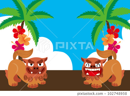 藍天、棕櫚樹、木槿和風獅爺的插圖 夏天、度假勝地和沖繩縣的形象 藍天、棕櫚樹、木槿和風獅爺的插圖 夏天、度假勝地和沖繩縣的形象 102748938