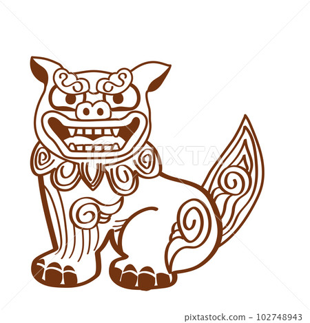夏季、度假勝地和沖繩縣的傳統 Shisa 線描圖解 102748943