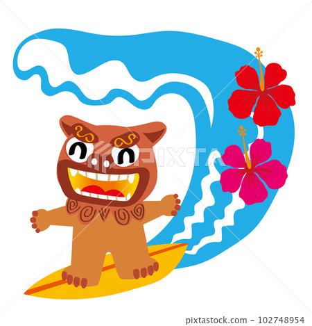 流行沖浪的插圖 Shisa hibiscus 夏季、度假勝地和沖繩縣的形象 流行沖浪的插圖 Shisa hibiscus 夏季、度假勝地和沖繩縣的形象 102748954