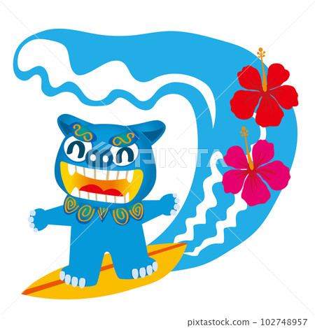An illustration of a pop surfing Shisa hibiscus Image of summer, resorts and Okinawa Prefecture 102748957