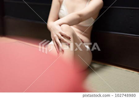 woman sitting in underwear woman sitting in underwear 102748980