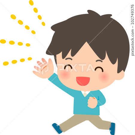 Smiling man jumping with hands up Smiling man jumping with hands up 102749376