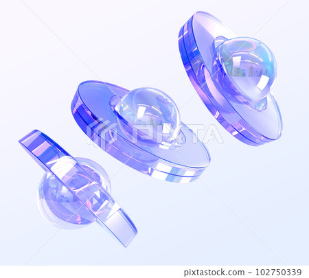 Glass futuristic spaceships or ufo shuttles 3d render. Abstract space composition of geometric shapes with holographic gradient texture, isolated cosmic objects with spheres and rings. 3D illustration 102750339