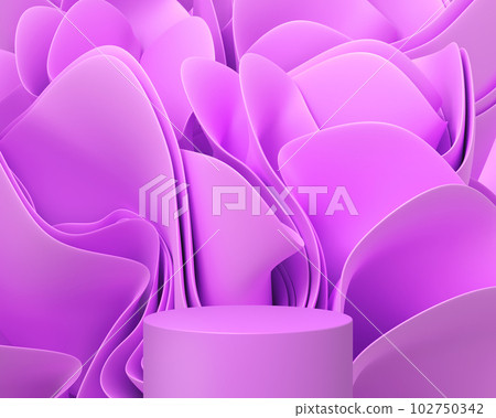 Podium with floral layered background 3d render. Abstract geometric stage, blank platform with pink wavy fabric, folded in shape flower for display cosmetic product, ad mockup banner. 3D illustration 102750342