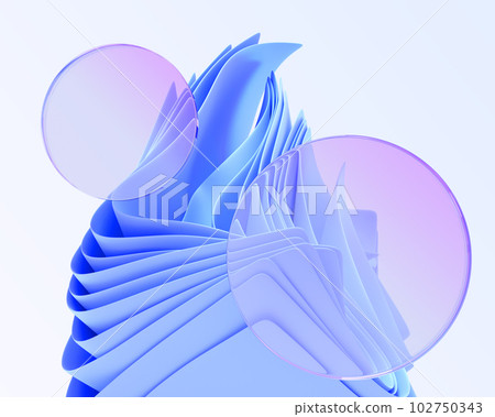 Glassmorphism banner with glass circle plates on blue wavy layered background 3d render. Blank acrylic blur discs, holographic clear frames with folded ribbons, ui design elements. 3D illustration 102750343