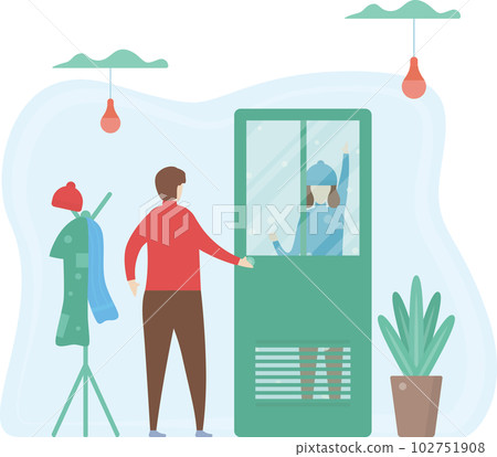 Man opens the door for woman. Couple of love design for winter season. Vector illustration in flat style. Man opens the door for woman. Couple of love design for winter season. Vector illustration in flat style. 102751908