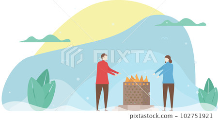 Lover is warming by the fire in the field of park. Couple of love design for winter season. Vector illustration in flat style. 102751921
