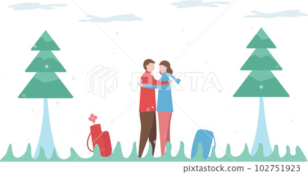 Man hugs his girlfriend among the meadow field. Scene design about couple of love in winter season. Vector illustration in flat style. 102751923
