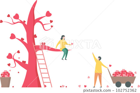 Man harvests hearts for his girlfriend. Couple of love design in winter season. Man harvests hearts for his girlfriend. Couple of love design in winter season. 102752362