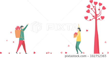 Man harvests hearts for his girlfriend among mountain scene. Couple of love design in winter season. 102752365