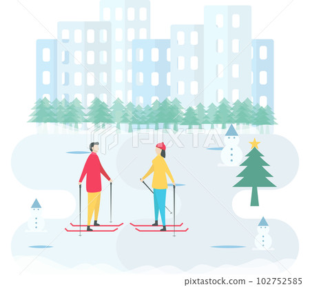 Romantic adults couple play ski in winter season. Character design of people. Illustration in flat style. 102752585
