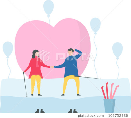 Man sits on the ice chair. And he talks with his girlfriend. Couple of love design in winter season. Illustration in flat style. 102752586