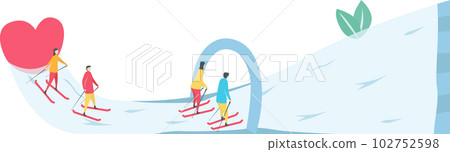 Romantic adults couple play ski in winter season. Character design of people. Illustration in flat style. 102752598