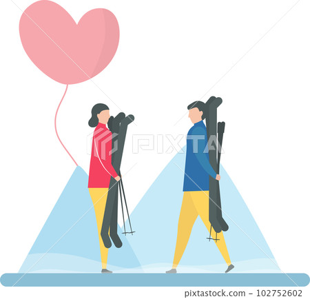 Couple of love play ski in winter season. Character design of people. Illustration in flat style. 102752602