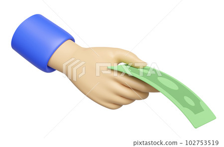 3D cartoon hands holding banknote pay for goods icon isolated. spend money, contributing, settle concept, 3d render illustration 102753519