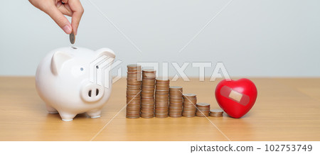 Money Saving, Health Insurance, Medical, Donation and Financial concepts. coins stack and piggy bank with red Heart shape, Money stack Counting arrangement for deposit and Healthcare cost Money Saving, Health Insurance, Medical, Donation and Financial concepts. coins stack and piggy bank with red Heart shape, Money stack Counting arrangement for deposit and Healthcare cost 102753749