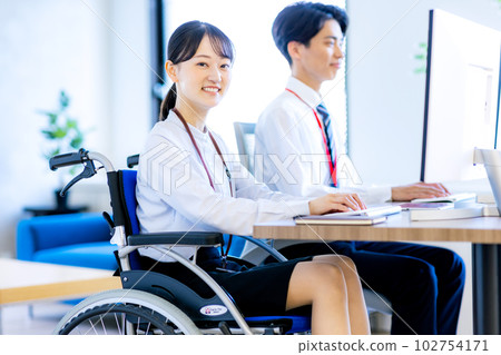 Young woman sitting on wheelchair 102754171