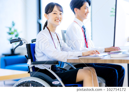 Young woman sitting on wheelchair 102754172