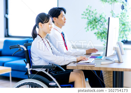 Young woman sitting on wheelchair Young woman sitting on wheelchair 102754173