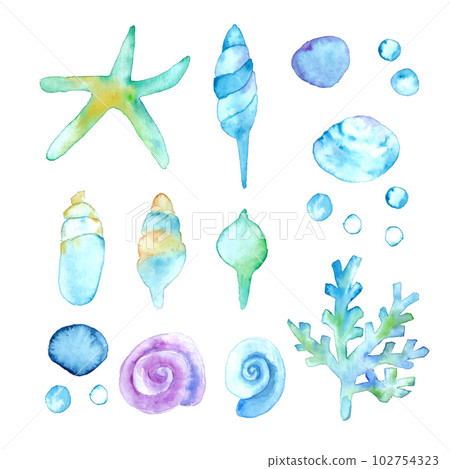 Watercolor. Summer seashell vector illustration with watercolor touch. Starfish and shells background frame. 102754323