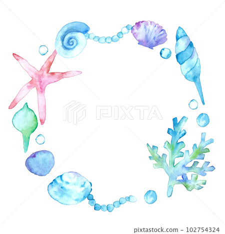 Watercolor. Summer seashell vector illustration with watercolor touch. Starfish and shells background frame. 102754324