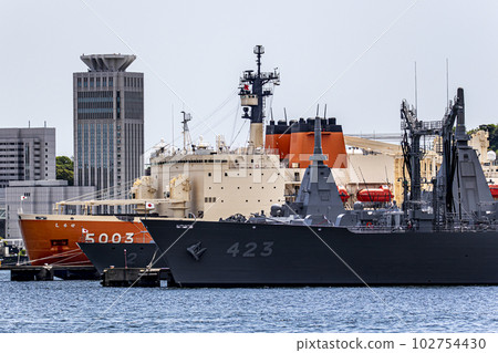 Antarctic research icebreaker Shirase and escort ship anchored at Maritime Self-Defense Force Yokosuka base 102754430