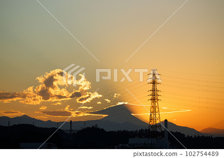Evening view _ steel tower _ Mt. Fuji 102754489