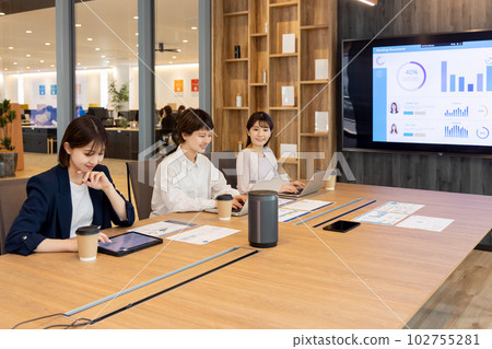 Business woman having a meeting using a monitor Business woman having a meeting using a monitor 102755281